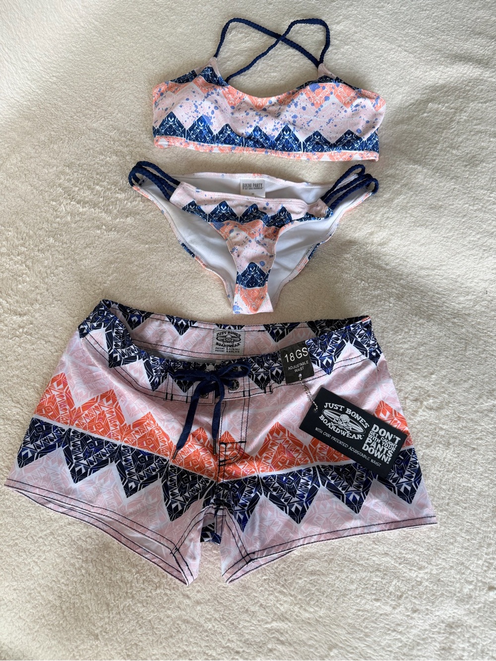 Just Bones Boardwear 3-Piece Swim Set Bikini & Board Shorts NWT Small Fit